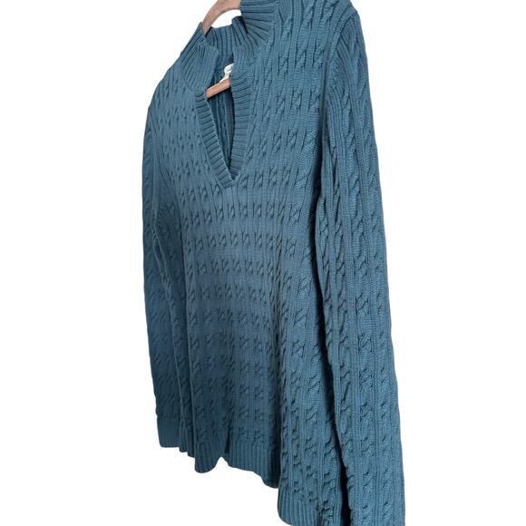 L.L. Bean Women’s Chunky Cable Knit Blue Split Neck Long Sleeve Sweater Large - Picture 2 of 7